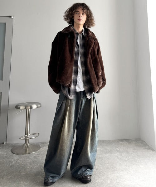 ヴィンテージ加工3タックワイドバルーンデニムパンツ／Vintage-Washed Three-Tuck Wide Balloon Denim Pants co0900009