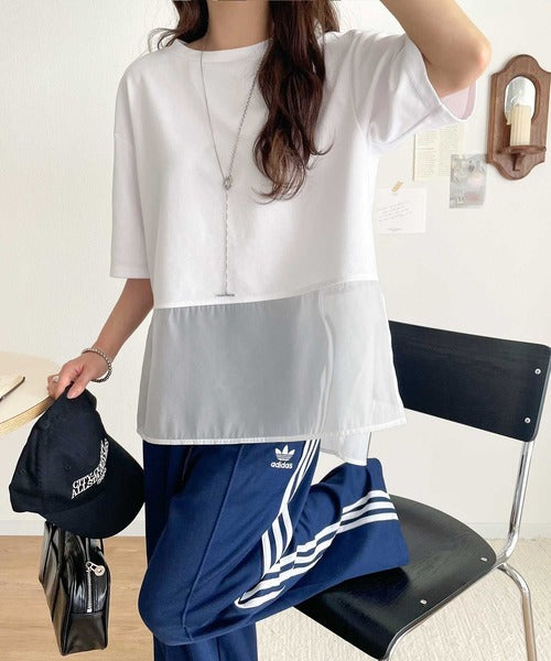 春夏に涼しさ引き立てる透け感が◎裾シアー切り替えライトダンボール半袖Tシャツ ce1110116