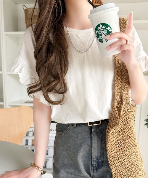《JaVaジャバコラボ》着るだけで主役級。綿100％バック箔プリント袖フリルTシャツ（半袖） jv1330104