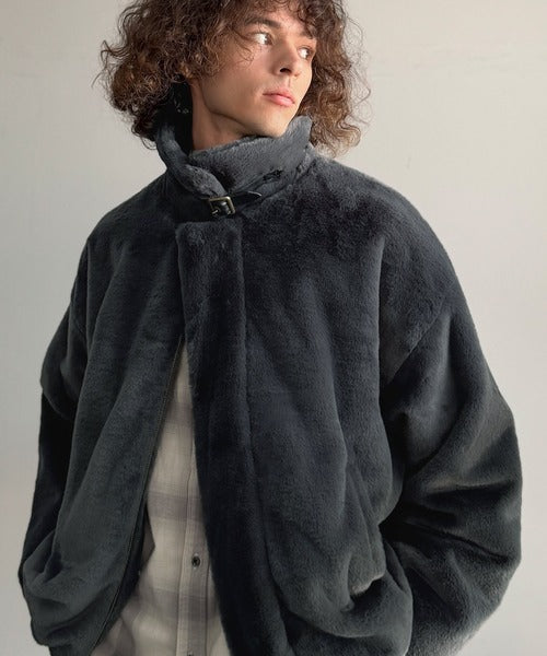 【Classical Origin】「3wayアレンジ可能。」ベルト襟フェイクファー素材ジャケット／Belted Collar Faux Fur Jacket co1150080