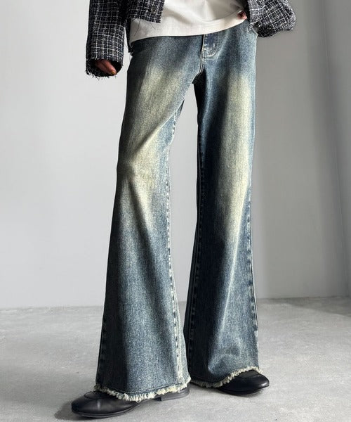 【Classical Origin】「スタイル盛れる。」ブラスト＆裾フリンジ加工ストレッチ素材スリムフレアデニムパンツ／Blasted & Fringed Stretch Slim Flare Denim Pants co0900008