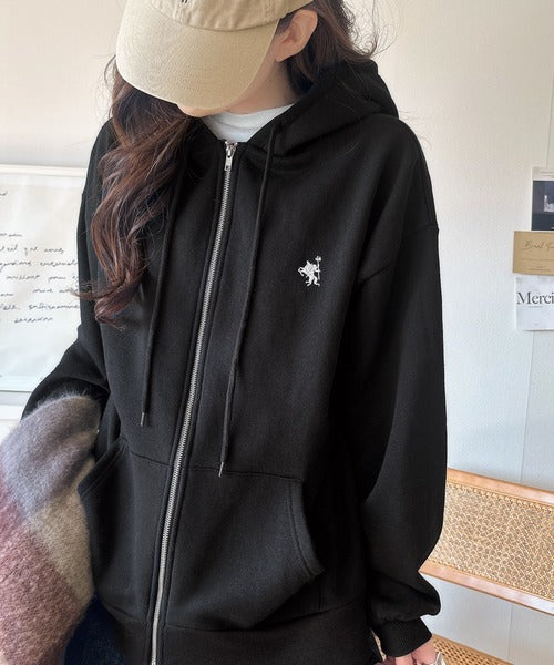 羽織って暖か、さらりと洒落感。胸元ワンポイント刺繍裏起毛ダブルジップパーカー（長袖） ce1260601