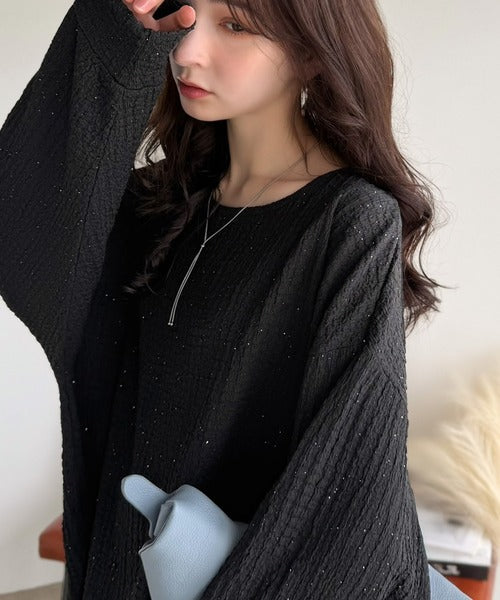きらめき×立体感で、シンプルコーデを今っぽく。ラメ入りジャガード素材サイド切り替えプルオーバー（長袖） ce1350028