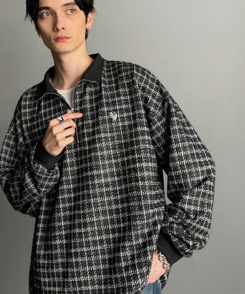 【Classical Origin】「上品カジュアル」。裾ドロスト付きツイード素材ハーフジッププルオーバー（長袖）/Tweed Fabric Drawcord Half-Zip Pullover co1010032