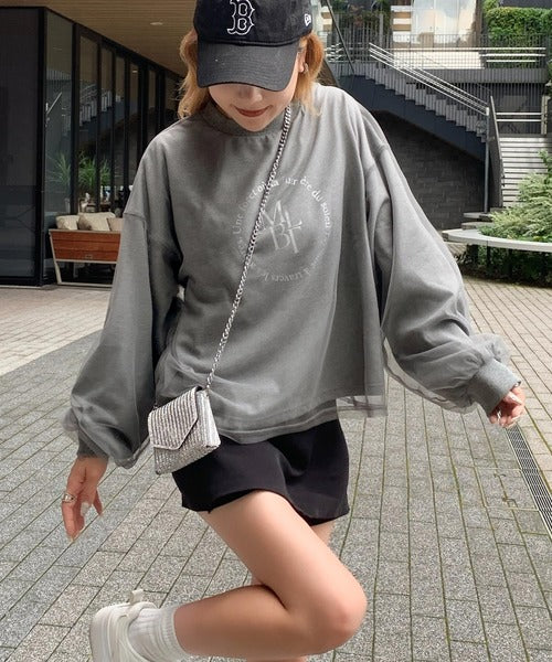 【mily bilet】デイリーからお出かけまであらゆるシーンに大活躍！箔プリントチュール重ねロングTシャツ mi1019058