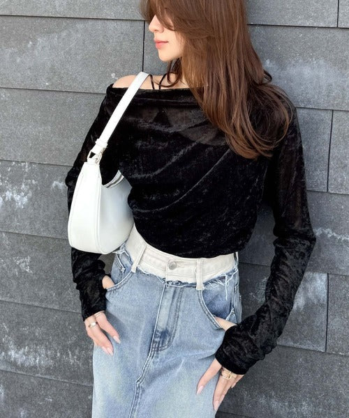 【mily bilet】一歩先のオシャレにアップデート！クラッシュベロアワンオフショルドレーププルオーバー（サムホール付き） mi1269007