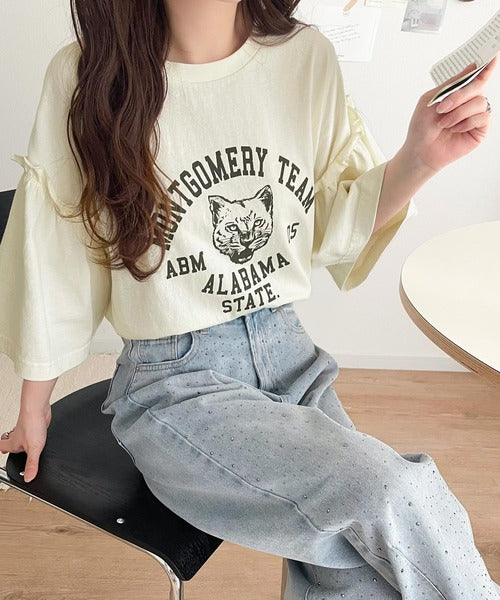 レディなヴィンテージスタイル。綿100％カレッジピグメント袖フリルTシャツ ce1020221