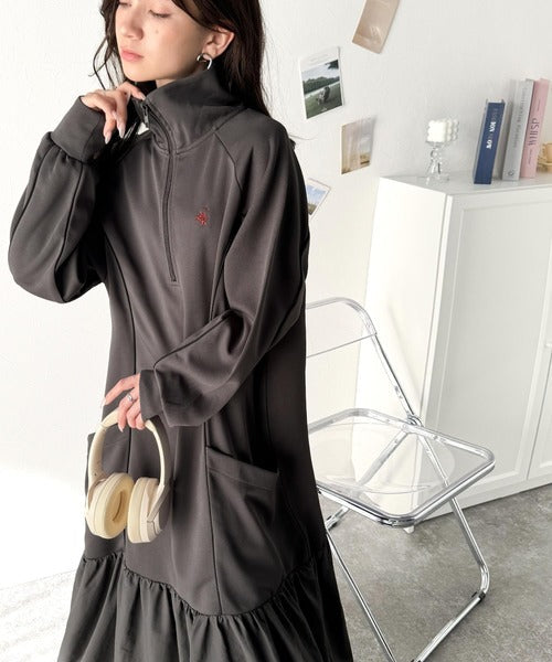 スポーツMIIX!胸元刺繍入り異素材ドッキングハーフジップパイピングジャージワンピース（ロング丈） ce1010366