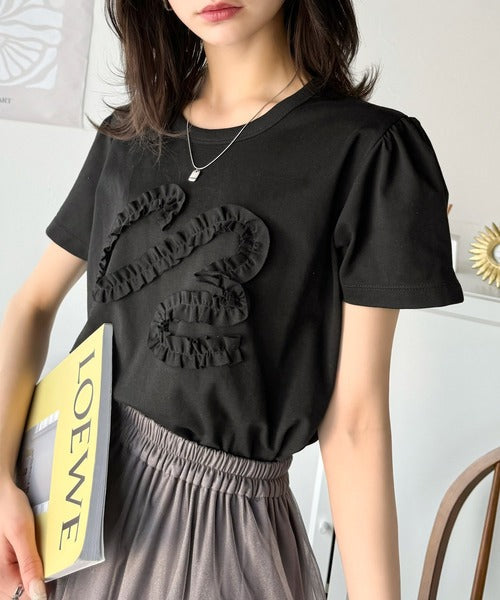フリル刺繍でエレガントに。シルケットフリル刺繍パフスリーブプルオーバー（半袖） ce1050297