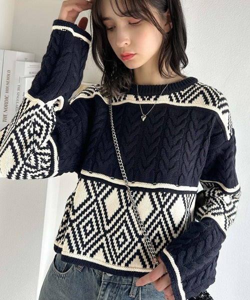 【mily bilet】これ一枚で可愛さ倍増。 ノルディック柄ケーブル編み切り替え前後2WAYニットカーディガン mi1029091