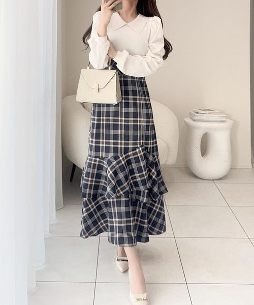 【mily bilet】愛され要素がぎゅっと盛り♪シャツ襟チェックアシメフリルドッキングロングワンピース（長袖） mi1139088