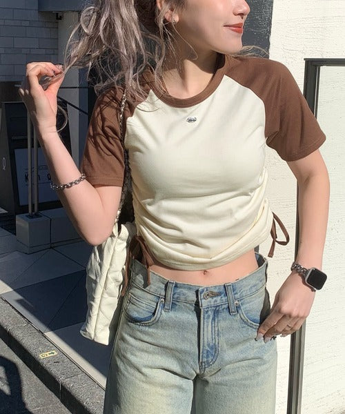【mily bilet】サイドの絞りが可愛いさプラス。プレート使いラグランTシャツ（半袖） mi1329027
