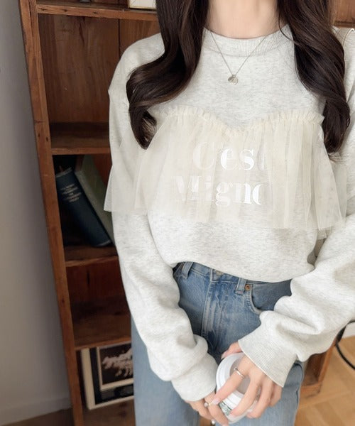 【mily bilet】おしゃれと快適さを同時に叶える。チュール切り替え箔プリント裏起毛スウェット mi1359002