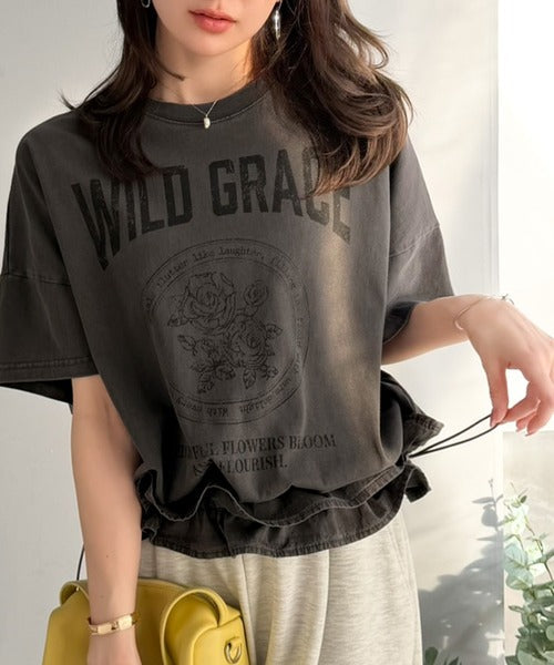 【mily bilet】甘辛バランスが叶う！綿100％ゆるシルエット裾ドロストフリルプリントTシャツ mi1329075