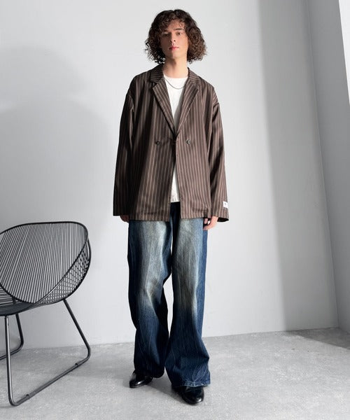 【Classical Origin】「さっと羽織れる。」ストライプ柄ドレープテーラードシャツジャケット／Relaxed Draped Tailored Stripes Shirt Jacket co1150041