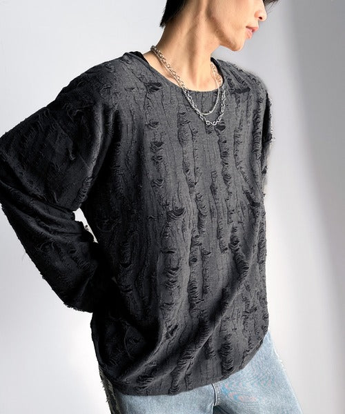 グランジを楽しむ旬スタイル。ダメージ加工ビッグシルエットジャカードカットソーTシャツ（長袖） cm1010420