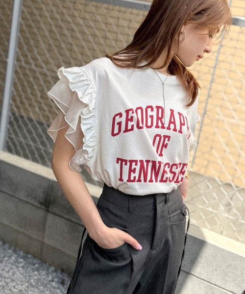 【mily bilet】可愛さふわり2倍増し！ ダブルフリル袖カレッジライクロゴゆるTシャツ mi1329036