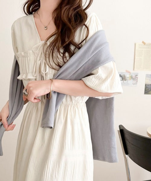 【mily bilet】1枚で華やぐ♪揺れ感シアーフリルリボンプリーツロングワンピース mi1019134