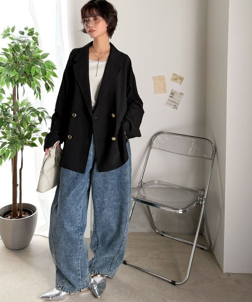 【UVカット、防シワ、接触冷感、吸水速乾機能付き】さらり羽織れるライトさで、楽なのに上品見え。ビックシルエット金ボタンダブルジャケット ce1265041