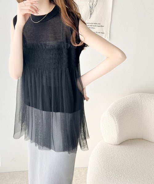 【mily bilet】ふんわり大人可愛いシアーラメトップス。チュールフリル使いノースリーブシアーニット mi1149052