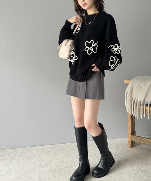 【mily bilet】秋冬のあったかニット。ウールライクフラワーコード刺繍ニットプルオーバーニット mi1149064