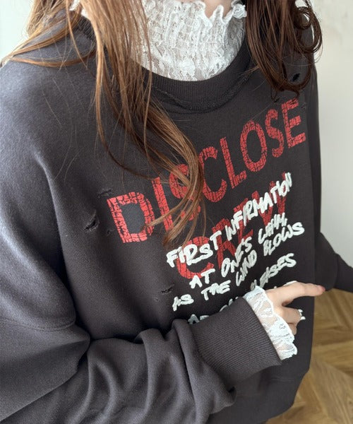 《Javaジャバコラボ》ゆるっと古着感。前後2wayメッセージロゴ刺繍ダメージスウェット jv1260295