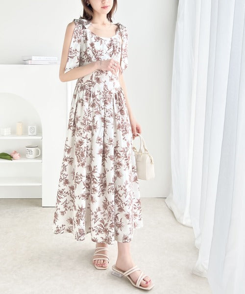 【mily bilet】歩く度に揺れるショルダーリボンでパッと華やぐ。花柄肩リボンワンピース mi1139035
