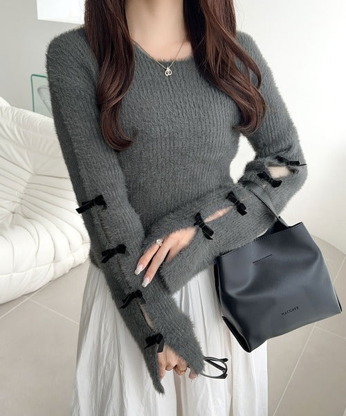 【mily bilet】品よく可愛い♪ふんわり愛されニット。甘さと抜け感が◎袖リボン使いフェザーシャギーリブニット mi1029132