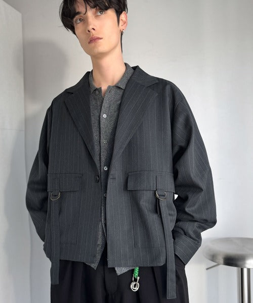 《JaVaジャバコラボ》シャツ感覚で羽織れる「軽アウター」ショート丈ポケットデザインテーラードシャツジャケット（ヘリンボーン柄ストライプ） jo1010046