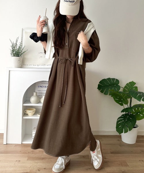 【防シワ機能付き】主役級！さらりと着られるシンプル派のためのノーカラー袖ボリューム ダブルポケットワンピース ce1265052