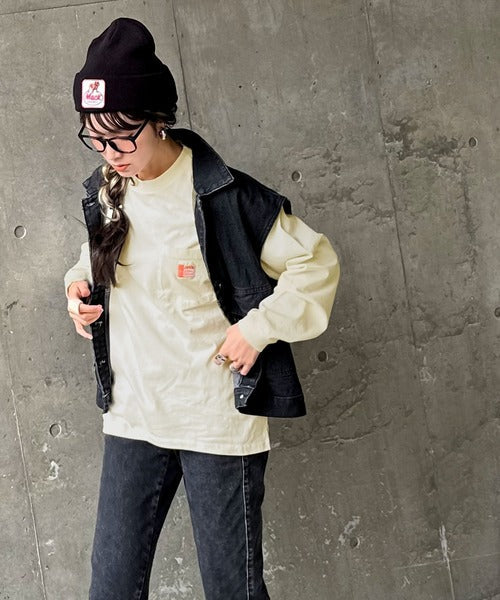 《JaVaジャバ コラボ》綿100％ピグメント加工ポケット付きロングTee jv1029002