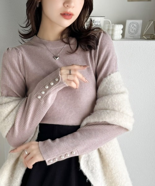 【mily bilet】大人の上品ベーシック♪袖パール使いパフスリーブニットトップス mi1029092