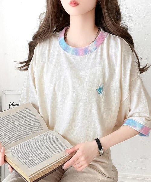 レトロでポップな大人リンガーT。胸刺繍タイダイリンガー半袖T ce1050158