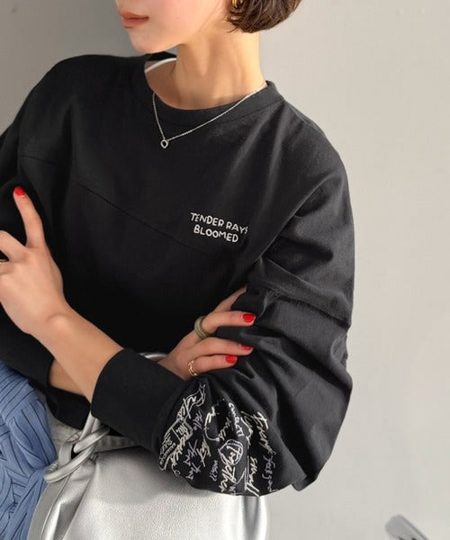 《JaVaジャバコラボ》袖を通せば、あなたも輝く。コットン100％刺繍胸元切り替えドルマンロンTEE（長袖） jv1260620
