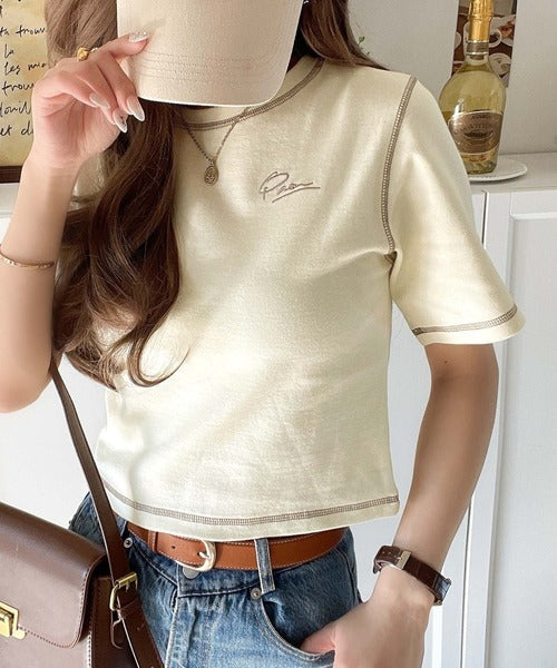 1枚で今っぽデザイン♪PAEAN刺繍配色ステッチチビTシャツ（半袖） ce1020200