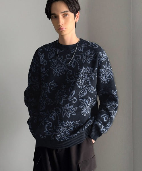 【classical origin】視線を奪う、ジャガード花柄ニット／Jacquard Floral Knit Sweater ao1020311