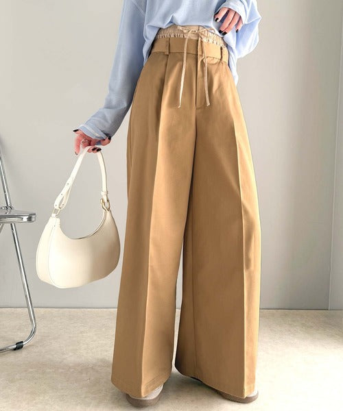 上品なシルエットの優秀パンツ♪Wベルト異素材スラックスワイドパンツ ce0940219
