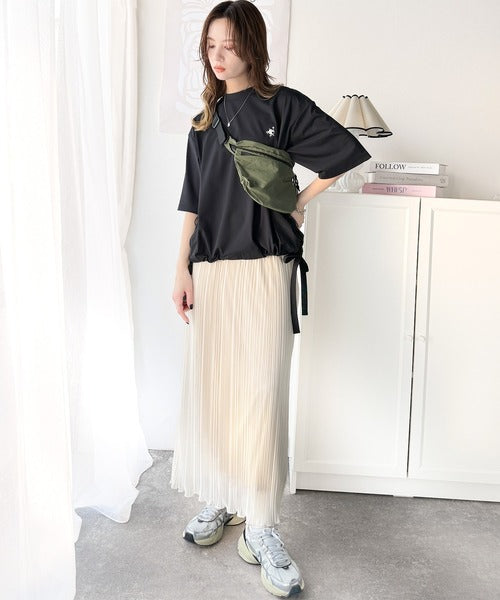 ゆるっとシルエットカジュアル。カーゴポケット＆リボン付きワンポイント胸刺繍ドロスト半袖トップス ce1260315