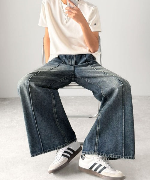 《JaVaジャバコラボ》大人のほどよいルーズ感。ヴィンテージ加工ピンタック入りフレアデニムパンツ jo0900010