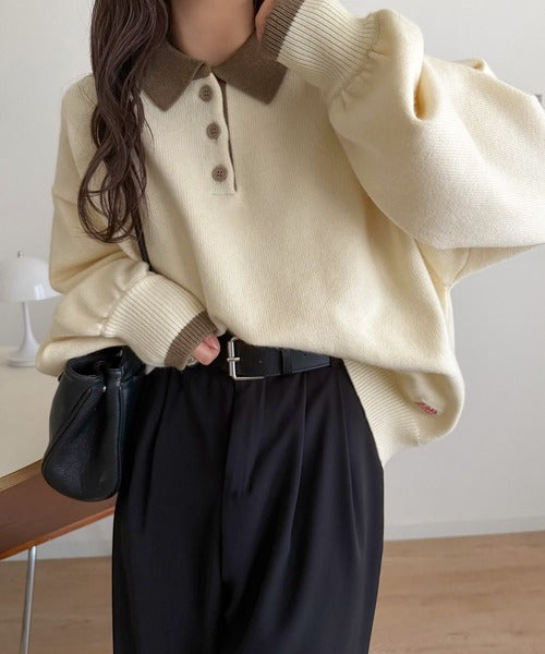 《JaVaジャバコラボ》たっぷりポロが可愛い。配色襟付きヘンリーオーバーサイズニット (長袖) jv1350020