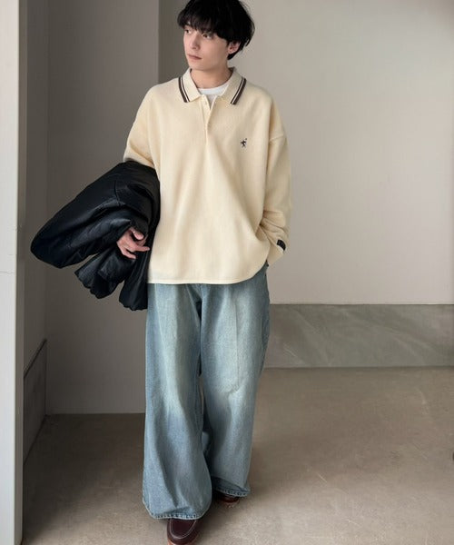 《JaVaジャバコラボ》ベーシック以上、主張しすぎない存在感。胸刺繍入り襟ライン配色ニットポロシャツ（長袖） jo1250008