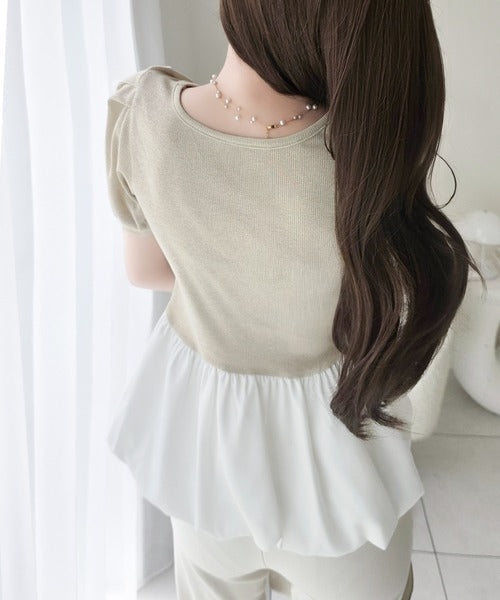 【mily bilet】きゅんとするシルエット。袖タックラメ混テレコリブ×異素材バルーントップス（半袖） mi1359056
