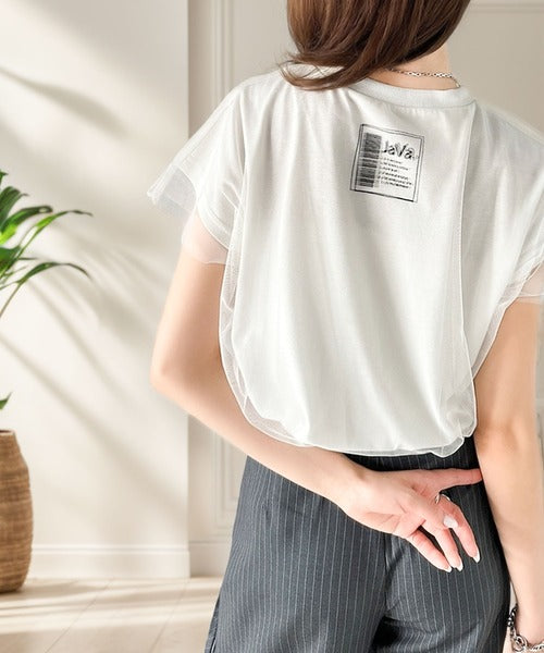 《JaVa ジャバコラボ》１枚で即こなれ感。バックプリントチュールレイヤードフレンチTシャツ jv1010316