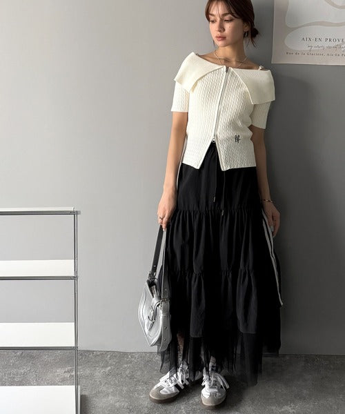【mily bilet】抜け感レディースタイル。ロゴ刺繍オフショル２WAYダブルジップケーブル柄サマーニット（半袖） mi1029121