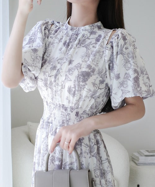 【mily bilet】爽やかで優雅な大人フェミニン。肩開きリボン２WAY花柄バルーン袖ワンピース（ロング丈） mi1139084