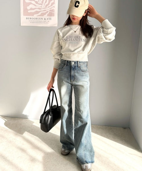 【mily bilet】カジュアルだけどこなれ感たっぷり。ラインストーン＆ぼかしプリント裏毛使いスウェットクロップド丈トップス mi1329014