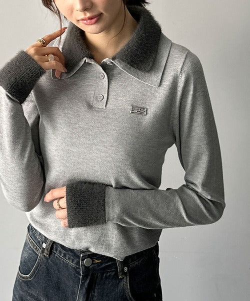 【mily bilet】上品とカジュアルを叶える、大人コーデが即完成。ファー使いダブル襟ロゴプレートニットポロ(長袖) mi1029150