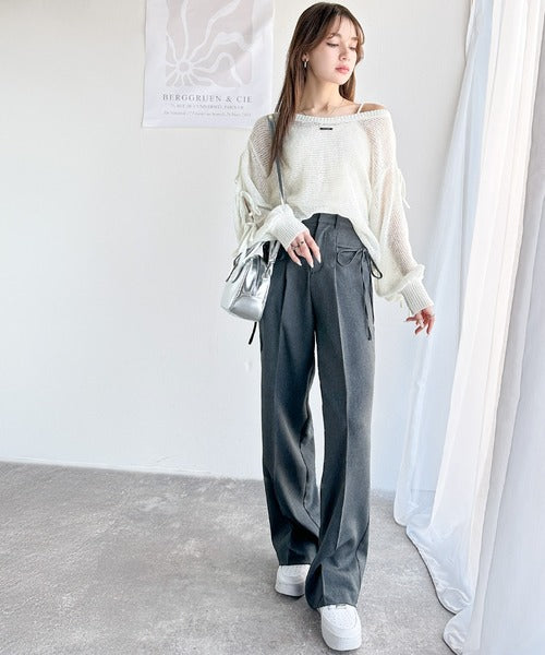 【mily bilet】大人のきらめき。プレートデザイン透かし編み袖リボンラメニット(ワンオフショル2way) mi1259009