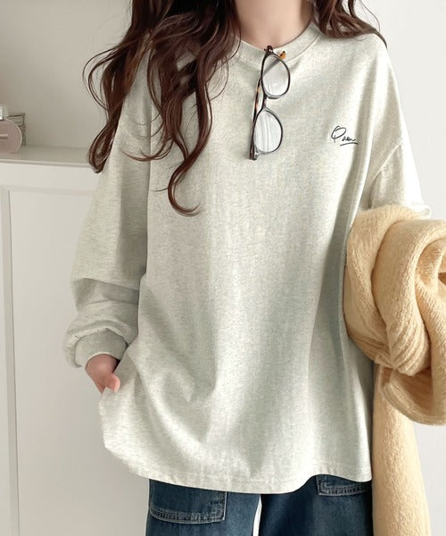 シンプルカジュアルを格上げ。綿100%ワンポイント胸刺繍シンプルロンTee ce1260187