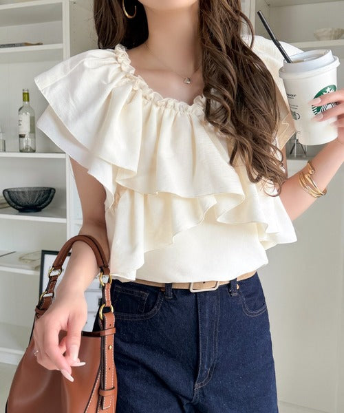 【mily bilet】ひらり、涼しげ。品ある甘さふわっと香る♪前後2wayノースリーブカシュクールブラウス mi1019151